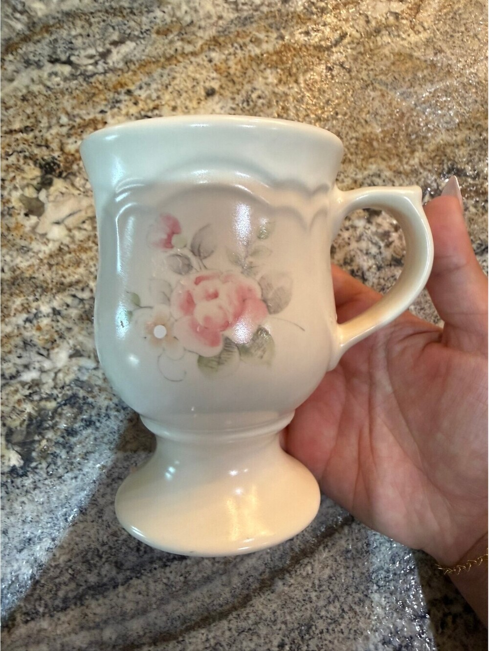 Vintage Ceramic Pedestal Mug with Pink Floral Design